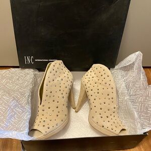 INC International Concepts Beige Studded Peep Toe High Heel Booties